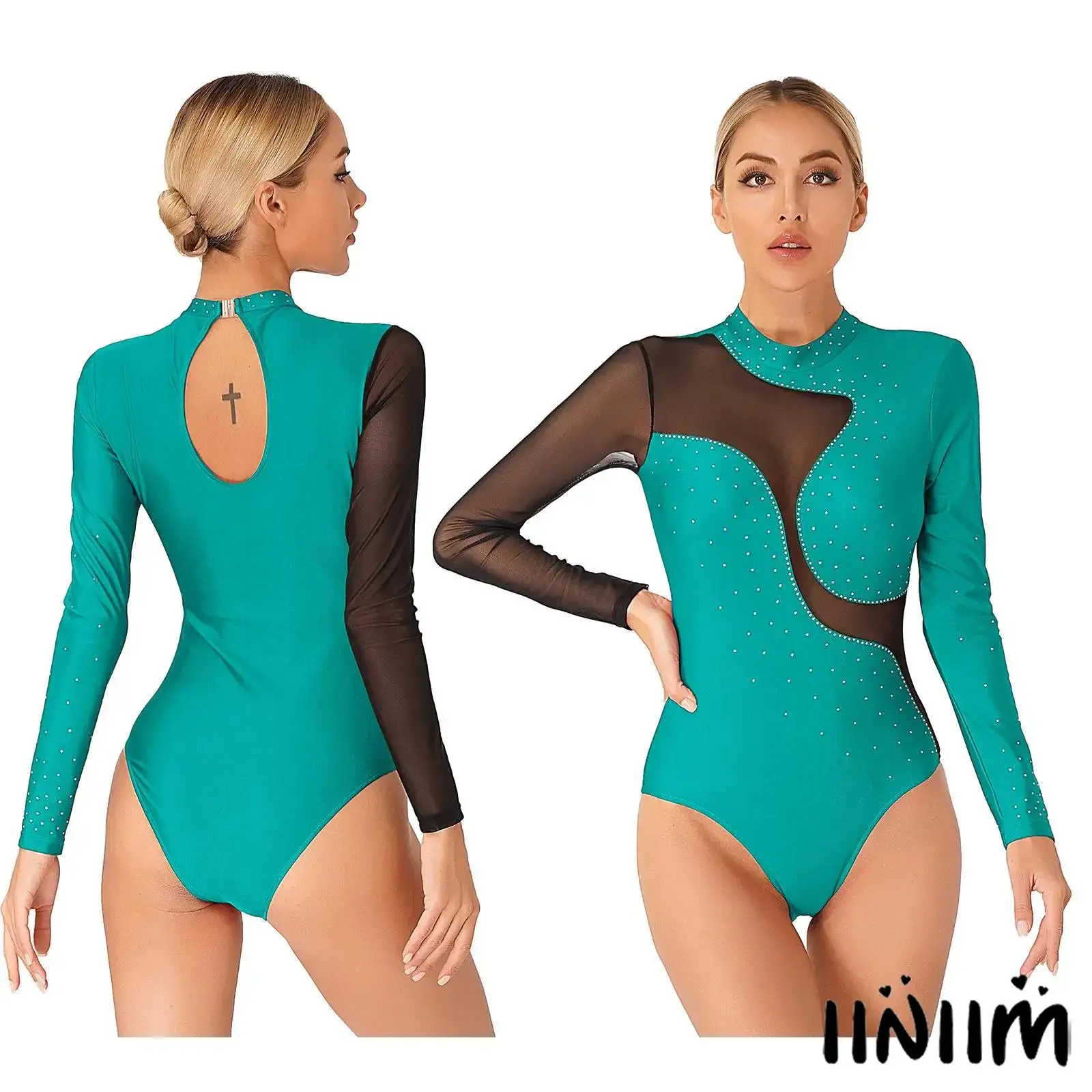 

Women's Rhinestone Figure Skating Dance Leotard Long Sleeve Mesh Patchwork with Keyhole Back for Gymnastics Stage Performance