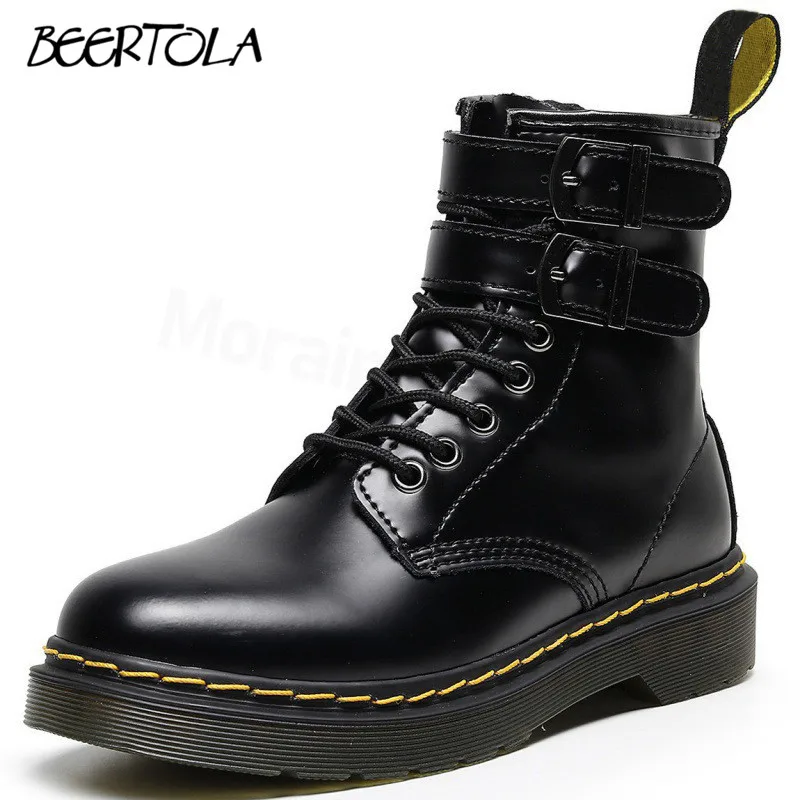 

Women's Double Buttoned Black Motorcycle Boots Round Toe Leather Side Zipper Lace New Boots Large Size Fashionable Casual Boots