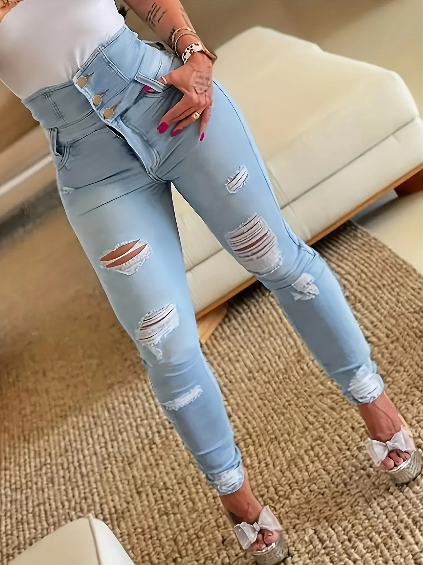 Ripped Holes Casual Skinny Jeans, Slash Pockets Distressed Single-Breasted Button High Waist Denim Pants, Women's Denim Jeans &