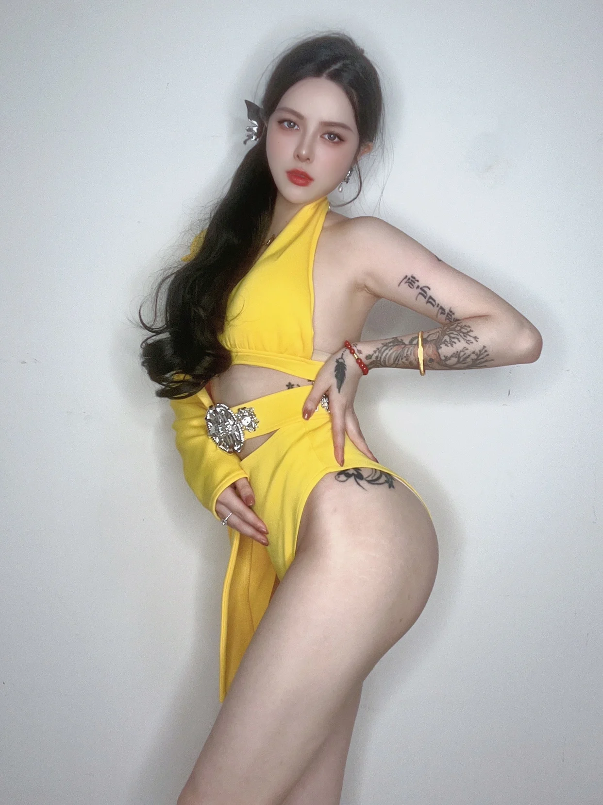 Yellow Long Sleeved Half Edge Suit With Diamond Belt Sexy Split Body Set Nightclub Bar Singer Dancer Stage Performance Costume