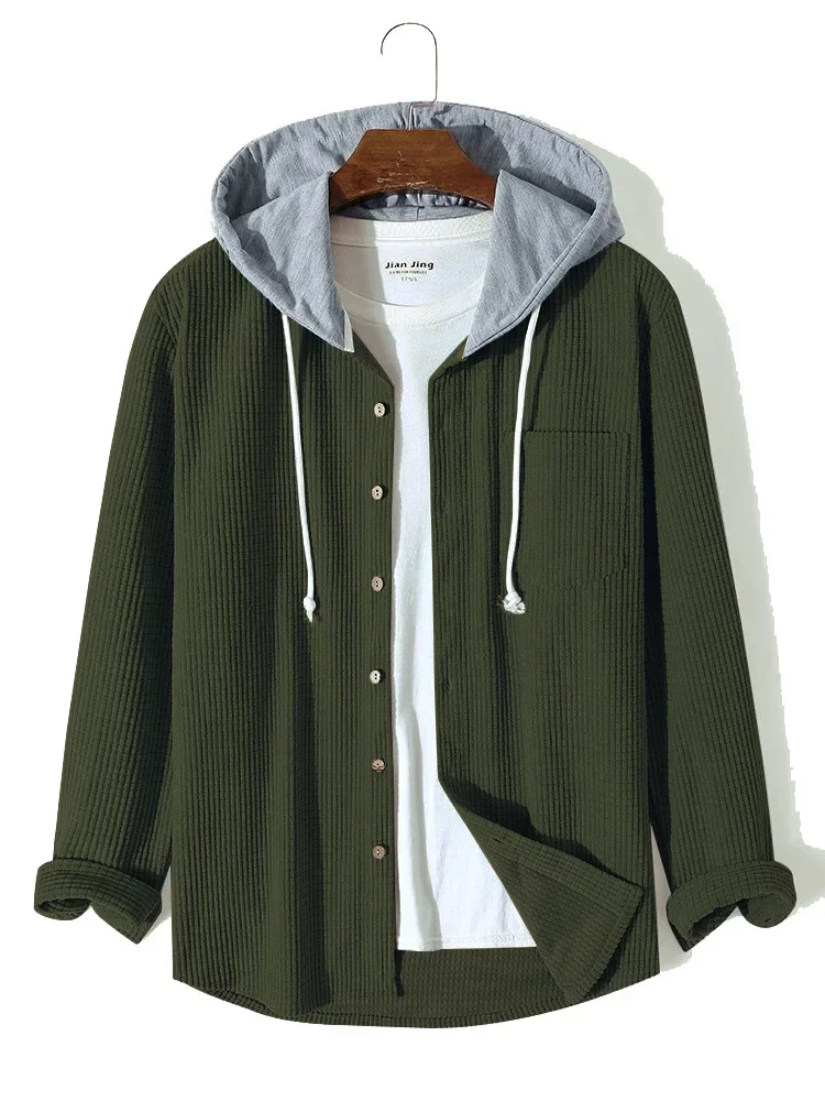 Spring Autumn Patchwork Thick Hooded Shirt Men Waffle Long sleeved Hoodie Fashion Casual Loose Sweatshirt Tops Oversized Shirts