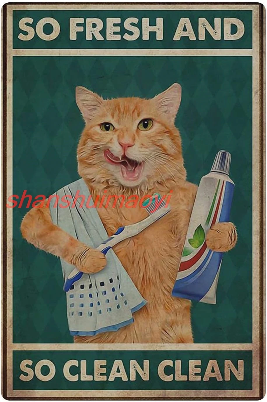 Funny Metal Tin Sign, Orange Cat Is Brushing Teeth And Washing Face Poster, Home Living Room Bathroom Art Wall Decoration  ASC