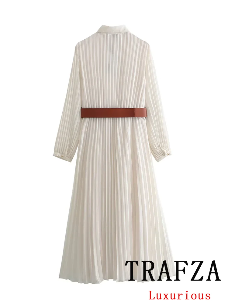 TRAFZA Vintage Casual Chic Women Dress Solid Belt Button Long Sleeve Slim Long Straight Vestidos New Fashion 2024 Spring Dress