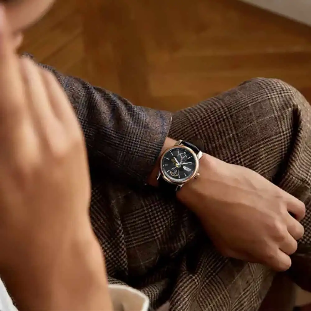 LOBINNI 5018 ساعة ميكانيكية للرجال 42 ملم حركة أوتوماتيكية زجاج كريستال الياقوت 50 متر مقاومة للماء ساعة هيكل عظمي جلدية #5