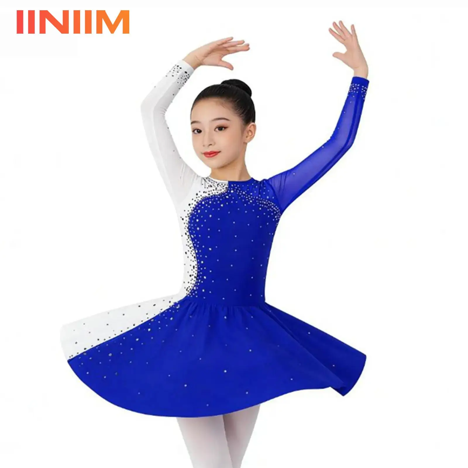 

Детское блестящее платье для гимнастики и фигурного катания со стразами, костюм для выступлений, с длинным рукавом, для балета и лирического танца, купальник-платье