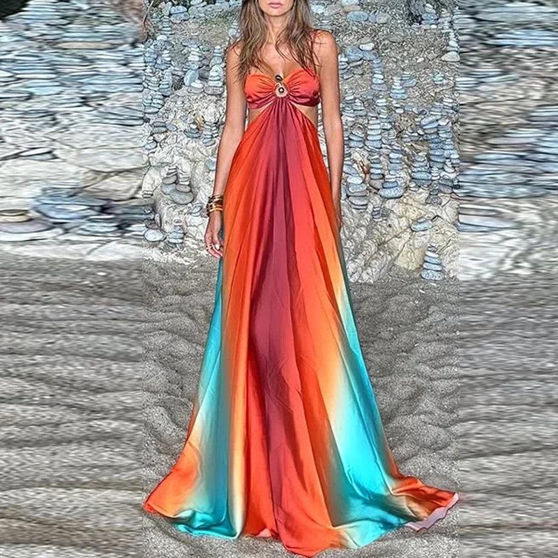 Moda ajustável suspender plissado vestido longo havaí cintura alta bohe vestido de festa sexy gradiente oco sem costas vestidos de praia