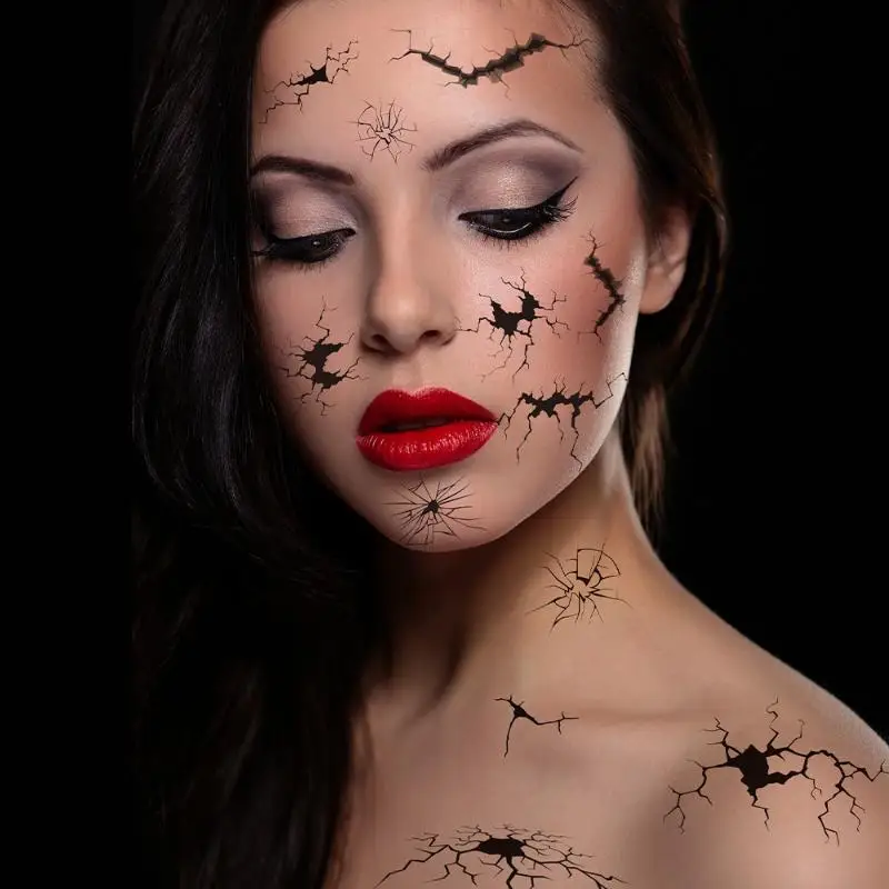10 folhas de halloween crack mark rosto adesivo aranha web tatuagens temporárias preto horror corpo maquiagem engraçado à prova dwaterproof água tatuagem adesivo