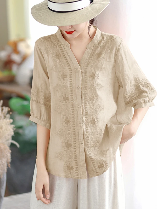 

Retro Embroidered Half Sleeve Shirt High Waist Wide Leg Pants Set V Neck Casual Comfortable Cotton Summer Fashion Women's Ens...
