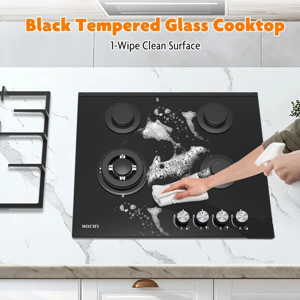 Kompor Gas Tanam 24 Inci 4 Tungku - Permukaan Kaca Temper Hitam dengan Kit Konversi Bahan Bakar Ganda NG/LPG, Proteksi Termokopel