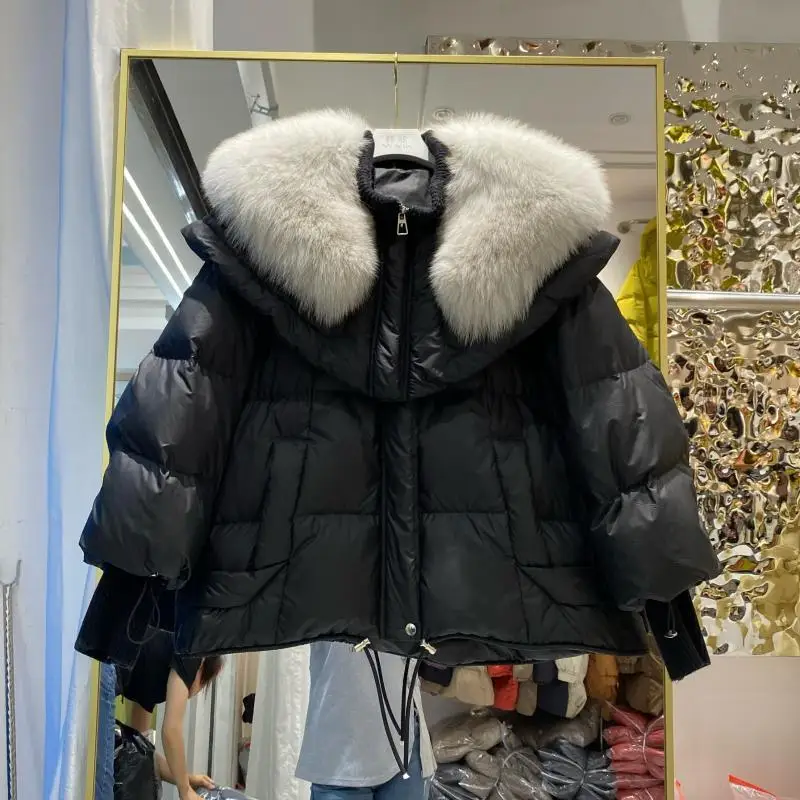 Nueva chaqueta de invierno para mujer, chaqueta holgada de piel de zorro para ir al trabajo, chaqueta de plumón de pato blanco