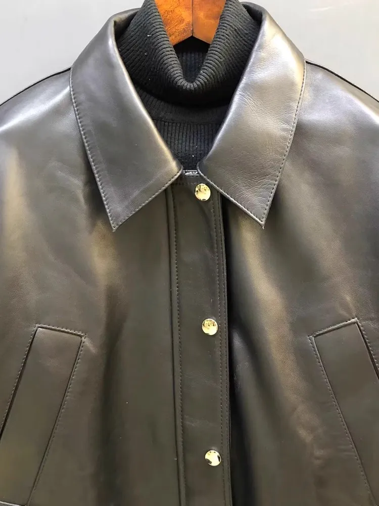 Top Qualität Aus Echtem Leder Frauen Jacke Frühling Herbst Neue Gerade Echt Schaffell Einreiher Turndown Kragen Mid Lange Mantel