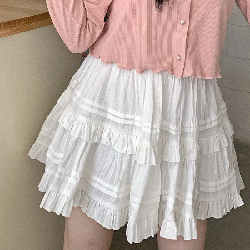 Japanese Lolita White Skirt Women Mini Vintage Ruffle Tiered High Waist Elastic Cute Girls Flare A-Line  Short Skater Skirts