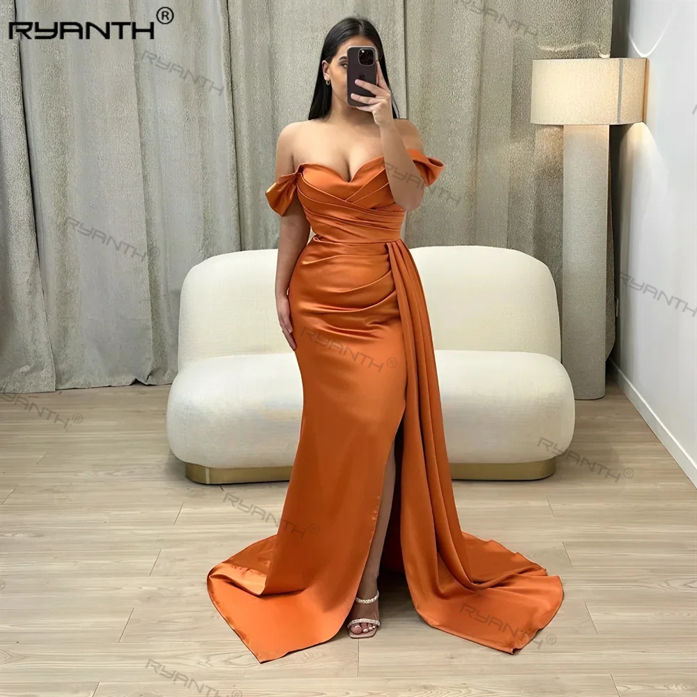 

Ryanth Sexy Orange 2023 Bridesmaid Dresses Off Shoulder Streamer Mermaid Side Slit Long Wedding Party Dress Women Prom Evening