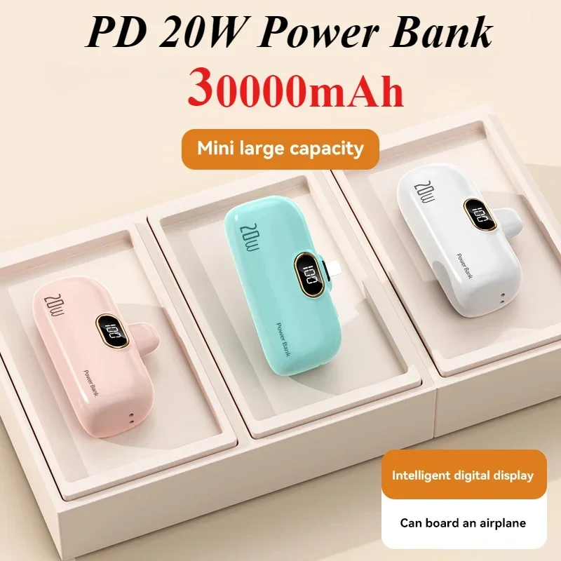 

Mini Power Bank 30000mAh Portable Charger with Cable External New Battery Capsule for Type-C IPhone Samsung Xiaomi Android Phone