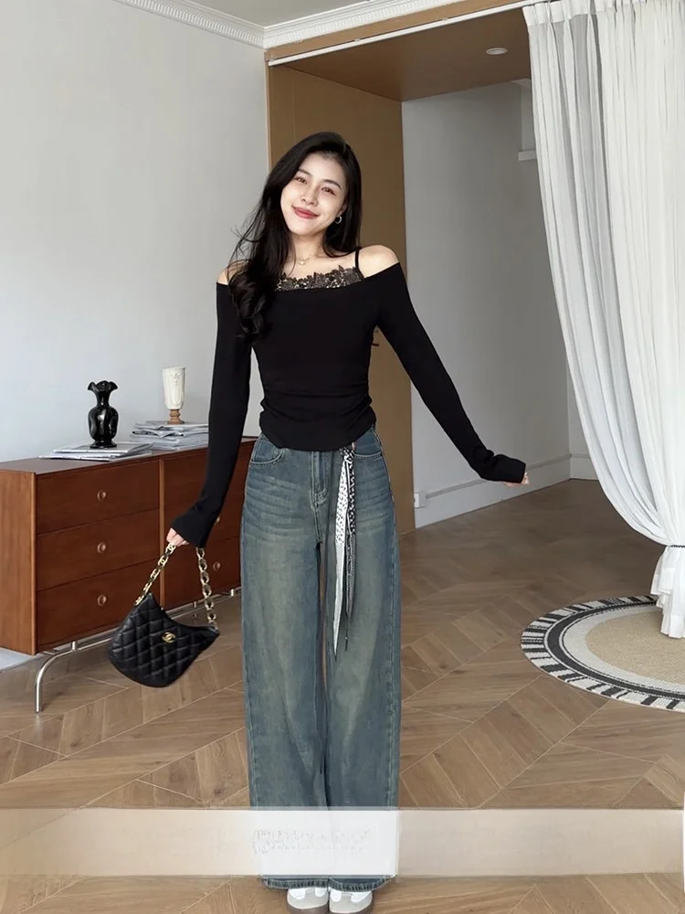 

Zhang a Xing Chic Sensation Lace Patchwork Design Versatile Straight Leg Jeans Set Faionable Casual Sle Women's Autumn Wear