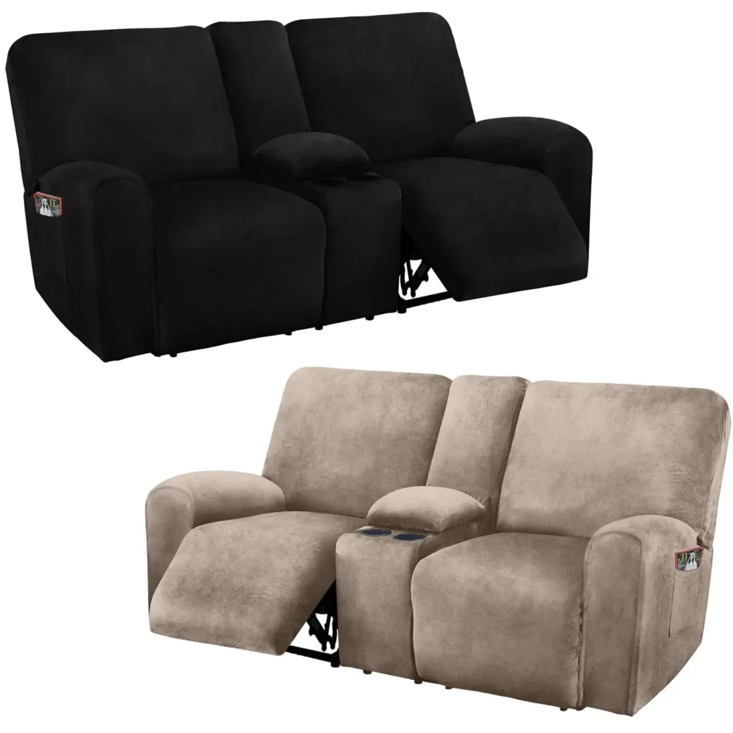 Recliner Sofa Cover Loveseat with Middle Console Slipcover 8-Piece Thick Soft Velvet Stretch Sofa Covers 2 seater Washable