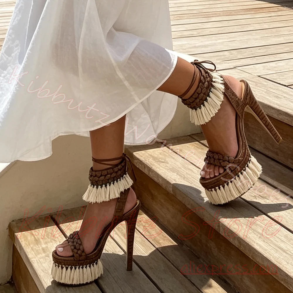 Womens Boho Platform Sandals Fringe Tassel Ankle Wrap Lace Up Open Toe High Stiletto Summer Vacation Party Braided Leather Sexy