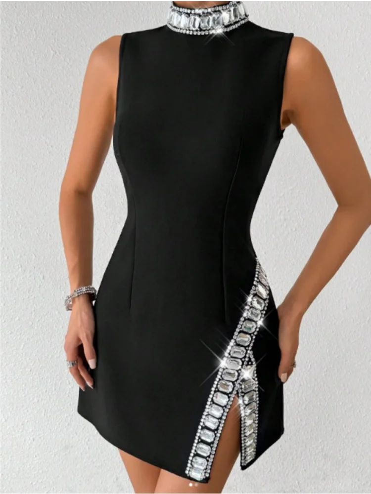 Czarny czerwony damski bez rękawów seksowny duży kryształowy świecący obcisły mini bandażowy strój świętuj urodziny strój do klubu nocnego Vestido