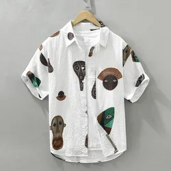 3756 Summer Fashion Men's Creative Printed Shirt Japan Fresh Style Short Sleeve Puff Texture Chic Laple Blouse Comfortable Tops