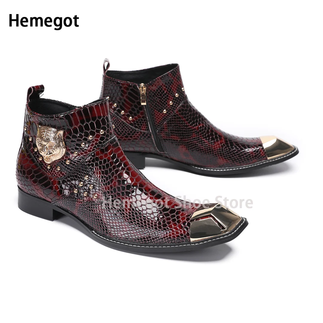 

Metal Square Toe Boots for Men Side Zippers High-Top Breathable Durable Stylish Casual Shoe Party Luxury Shoes Red Black Booties