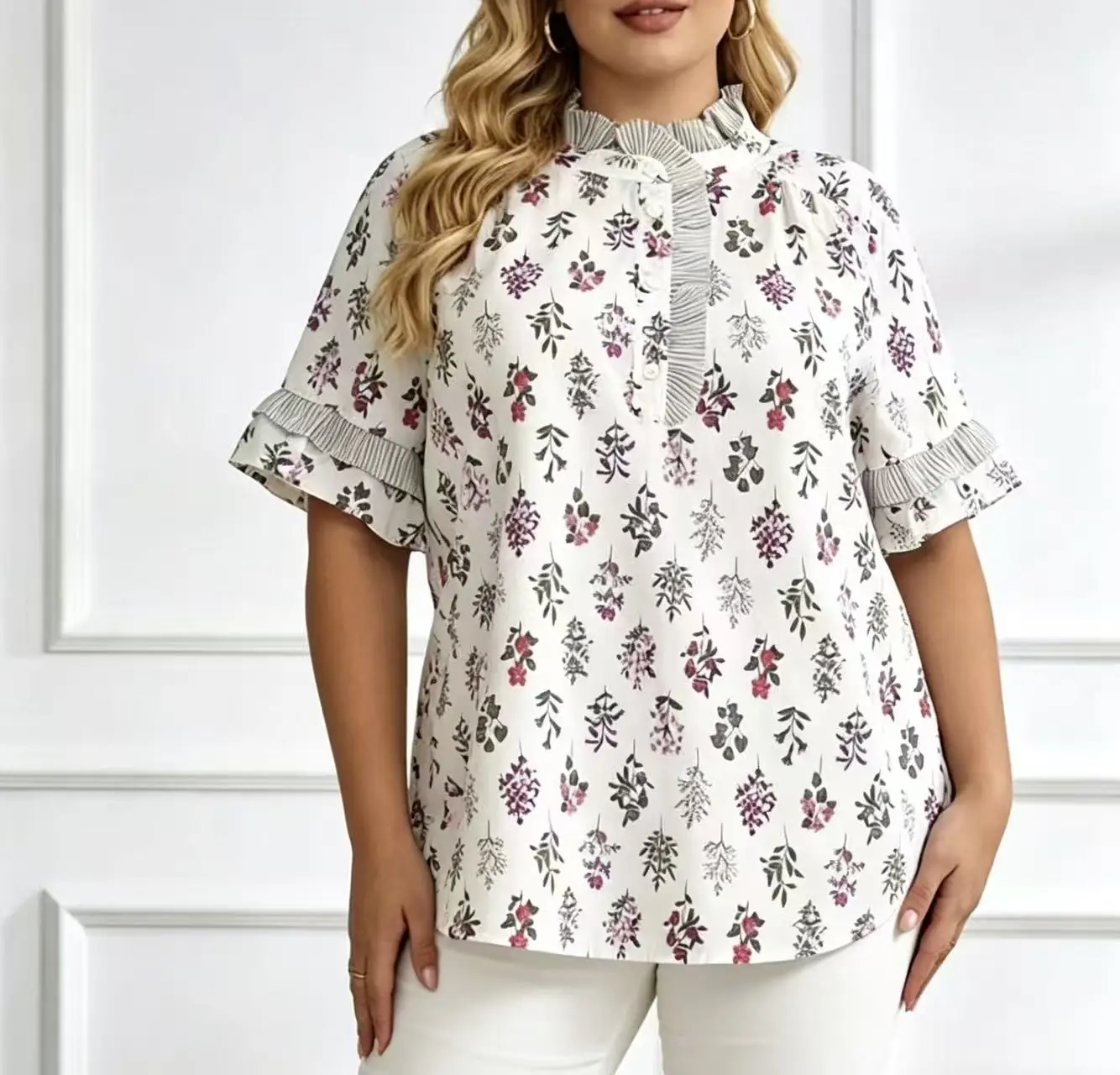 

Plus Size Women's Commuter Casual Floral Shirt, Curvy Women Stand Collar Striped Lace Trim Spliced Waist Bell Sleeve Blouse