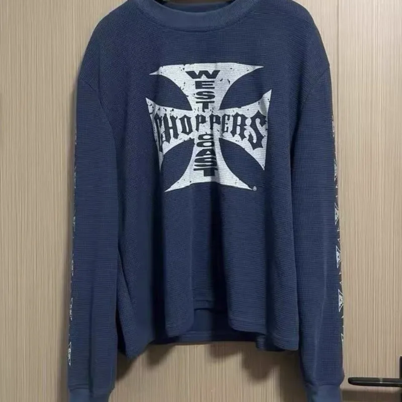 Vintage Distressed Blue West Coast Choppers Waffle Long Sleeve Fading Cross Print Round Neck Tshirts Men Women Oversized Outfit