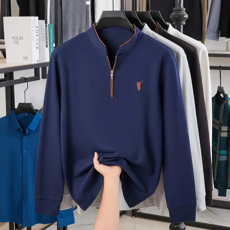 2026 Autumn and Winter Standing Collar Long Sleeved Men's Cotton with Half Zipper Polo Shirt High-end Embroidered Top