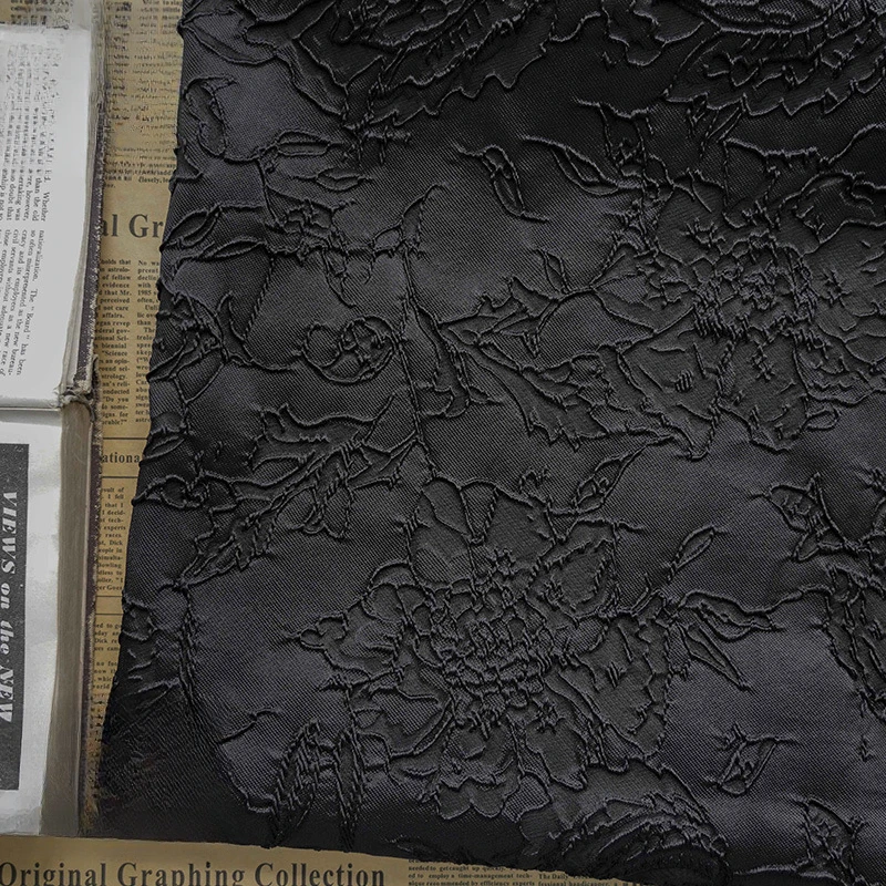 

Black Large Floral Jacquard Fabric Spring Autumn Artistic Style Dress Vintage French Bouquet Textured Classic Textile