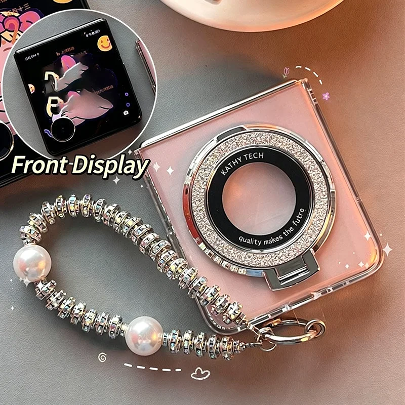 Magnetic Diamond Stand Clear Hard Case for Samsung ZFlip6 ZFlip5/Xiaomi MixFlip/Honor Magic V Flip Cover with Rhinestone Strap