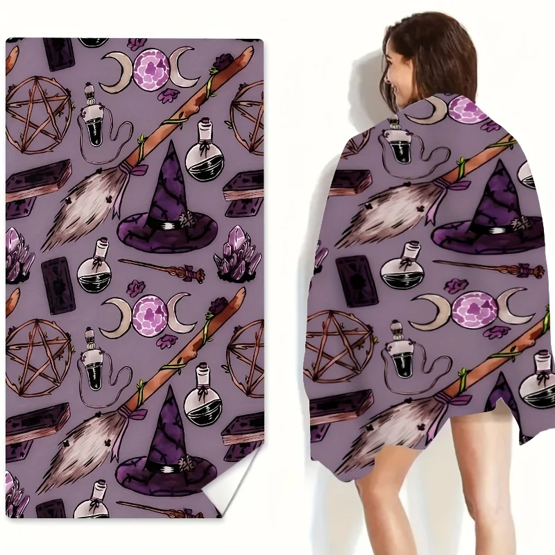 Purple Halloween Witch Towel, Cauldron Broom Spell Book Print Quick Dry Soft Lightweight for Pool Camping Fitness Outdoor