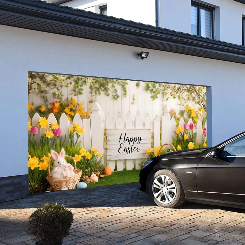 Happy Easter Garage Door Decoration Easter Garage Door Banner Large Bunny Egg Spring Flower Cover Background Yard Party Supplies