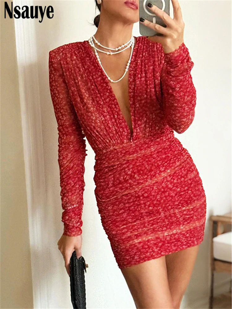 ชุดเดรสสั้นแขนยาวสำหรับผู้หญิง Nsauye ดีไซน์เซ็กซี่ คอวีเว้าลึก เหมาะสำหรับงานปาร์ตี้กลางคืน แฟชั่นใหม่ สวยสง่า สำหรับฤดูหนาว ปี 2025