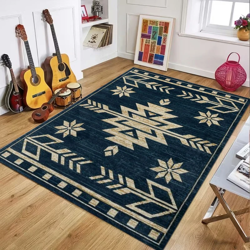 Deep Blue Ethnic Pattern Carpet Rug Mat Home Decoration Geometric Aztec Tribal Design Vintage Style Guest Room Bedroom Floor Mat