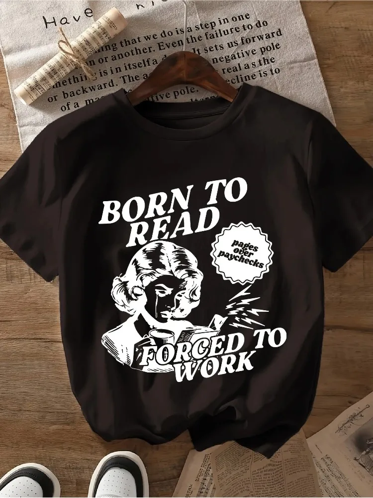 تي شيرت نسائي من Born To Read Compulsion Work Pattern تي شيرت بتصميم عتيق لمحبي الكتب للسيدات توضيحي برقبة دائرية وأكمام قصيرة