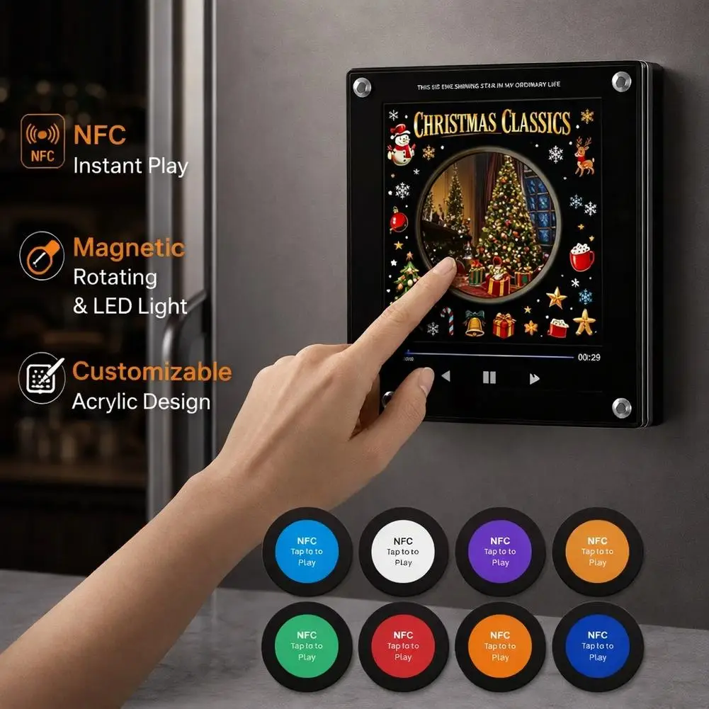 Christmas Magntic Music Player Vinyl Record Player Ambient Night Light Acrylic Music Player With 8 Empty Discs&Night Light