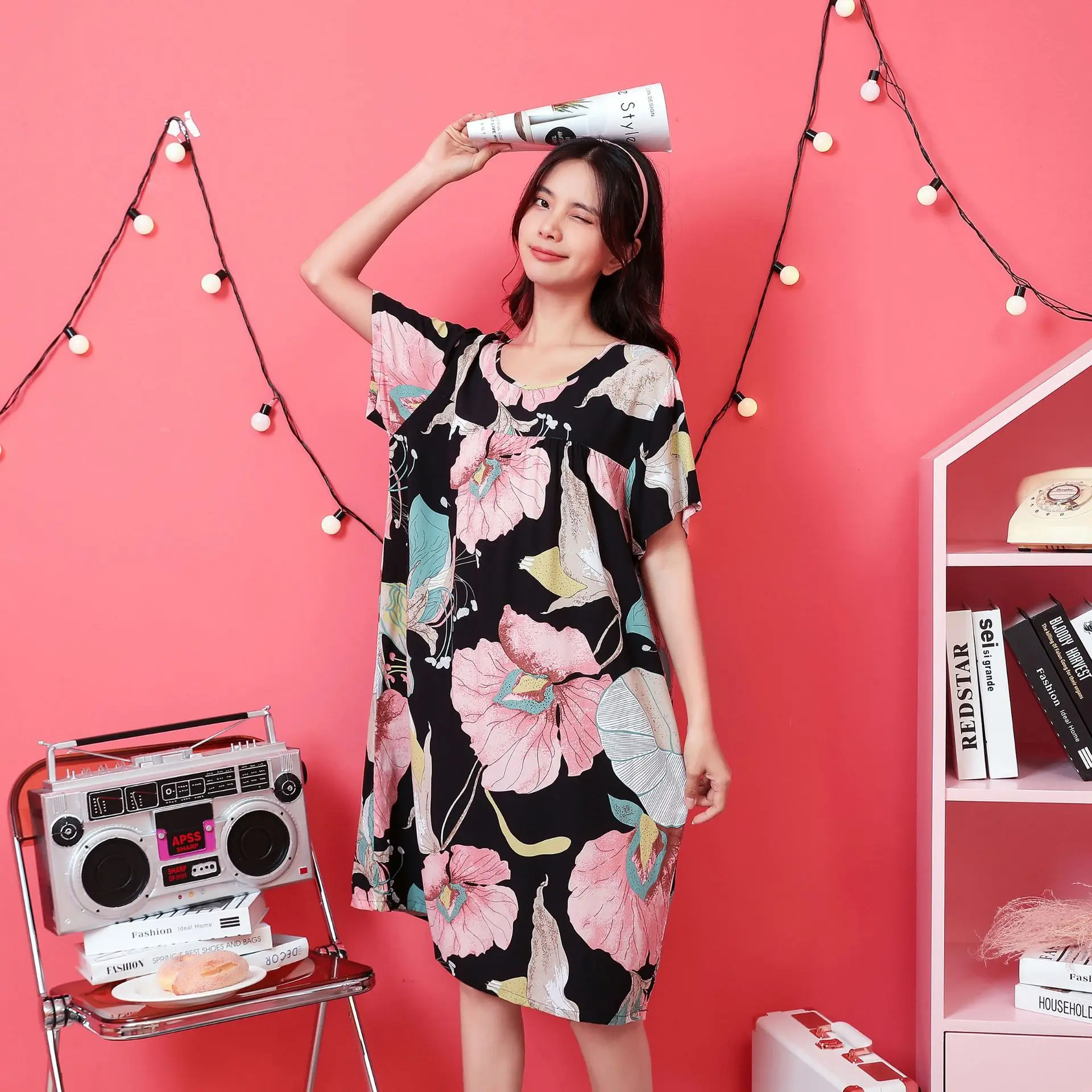 Summer One Piece Dress Sleepwear For Sleeping Woman Thin Night Wear Printing Home Wear Dress Nightgown Printing Sleepshirt