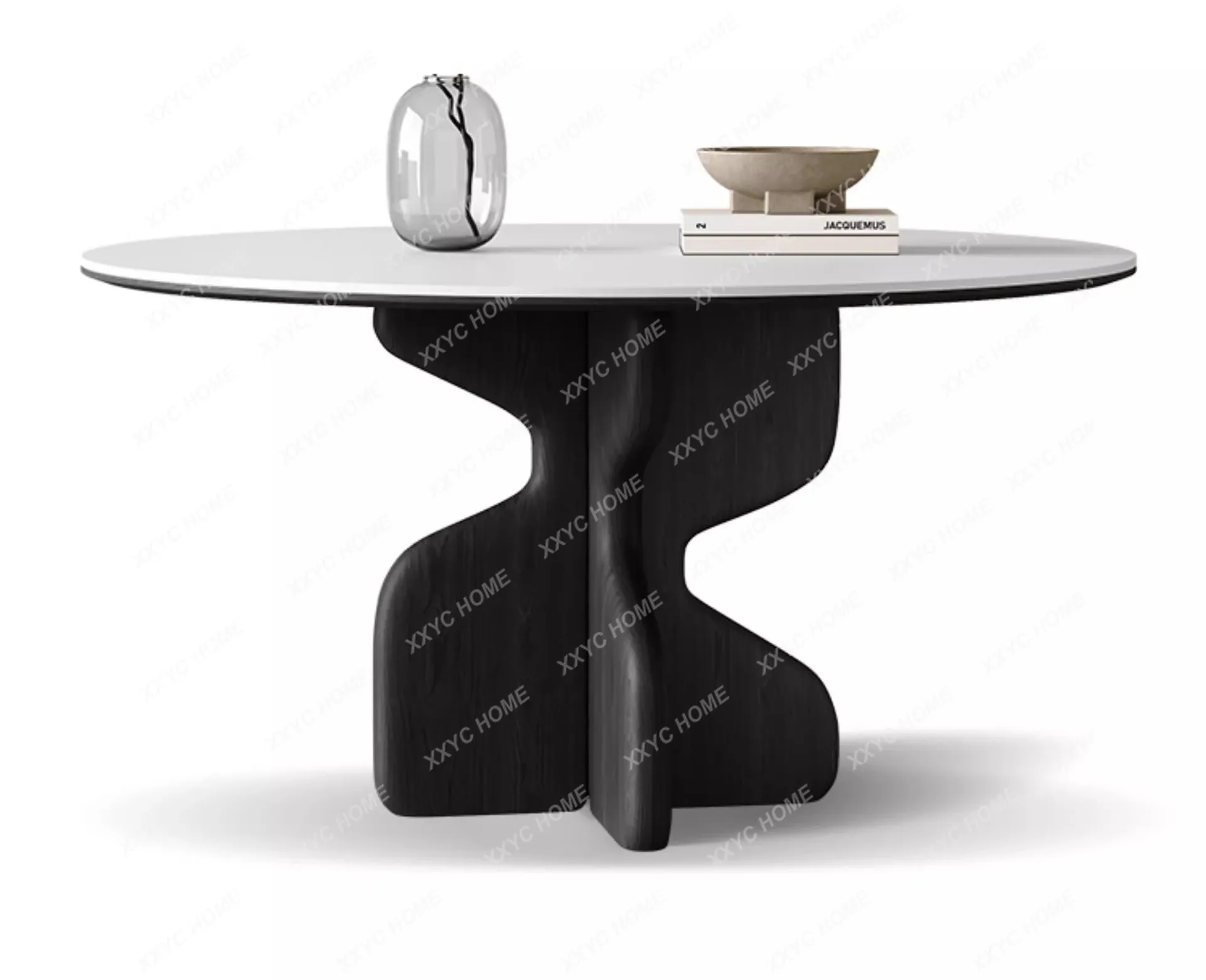 

ZH Retro style solid wood round table household with turntable black matte solid wood rock slab dining table round