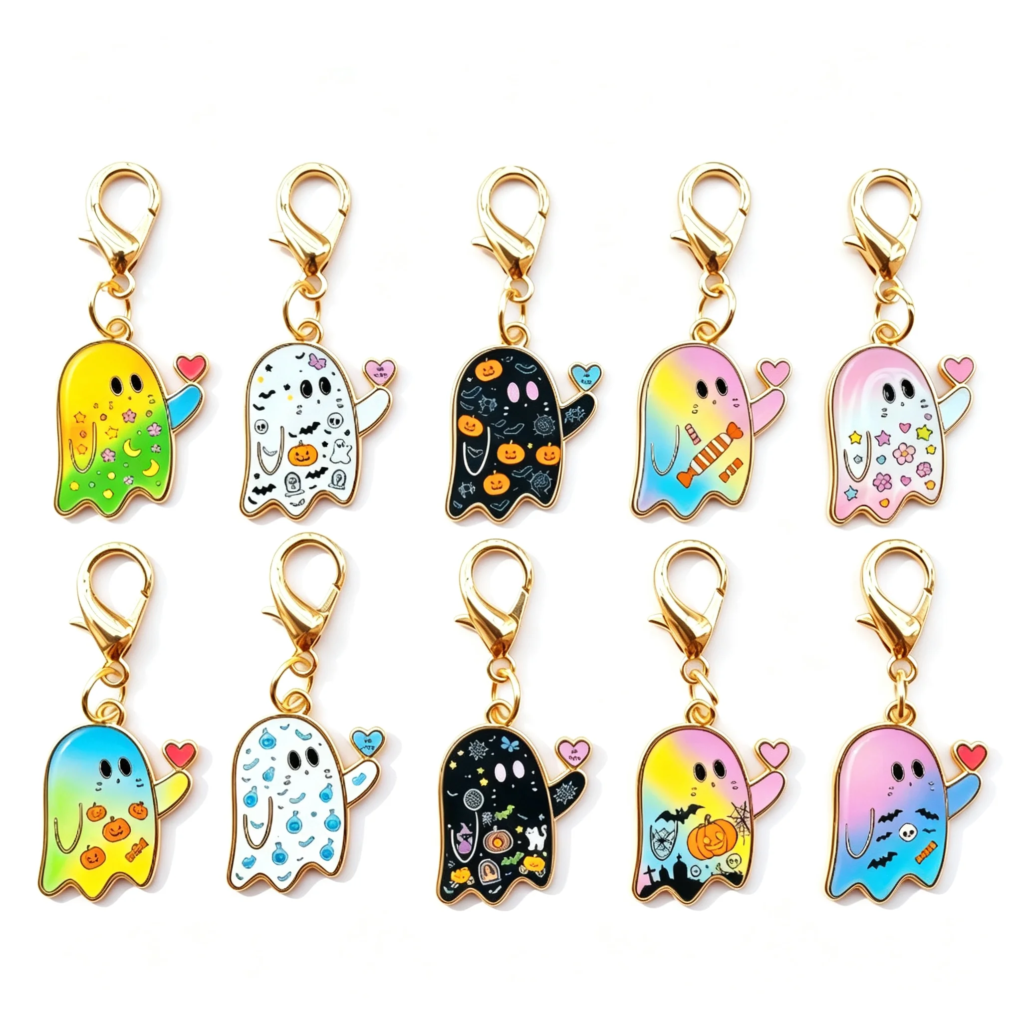 10 Stück niedliche Geister-Emaille-Schlüsselanhänger, Halloween-Charm, Karabinerverschluss, Taschenanhänger, Cartoon-Geist-Schlüsselring, Rucksack-Dekoration, Geschenk – Detail 7