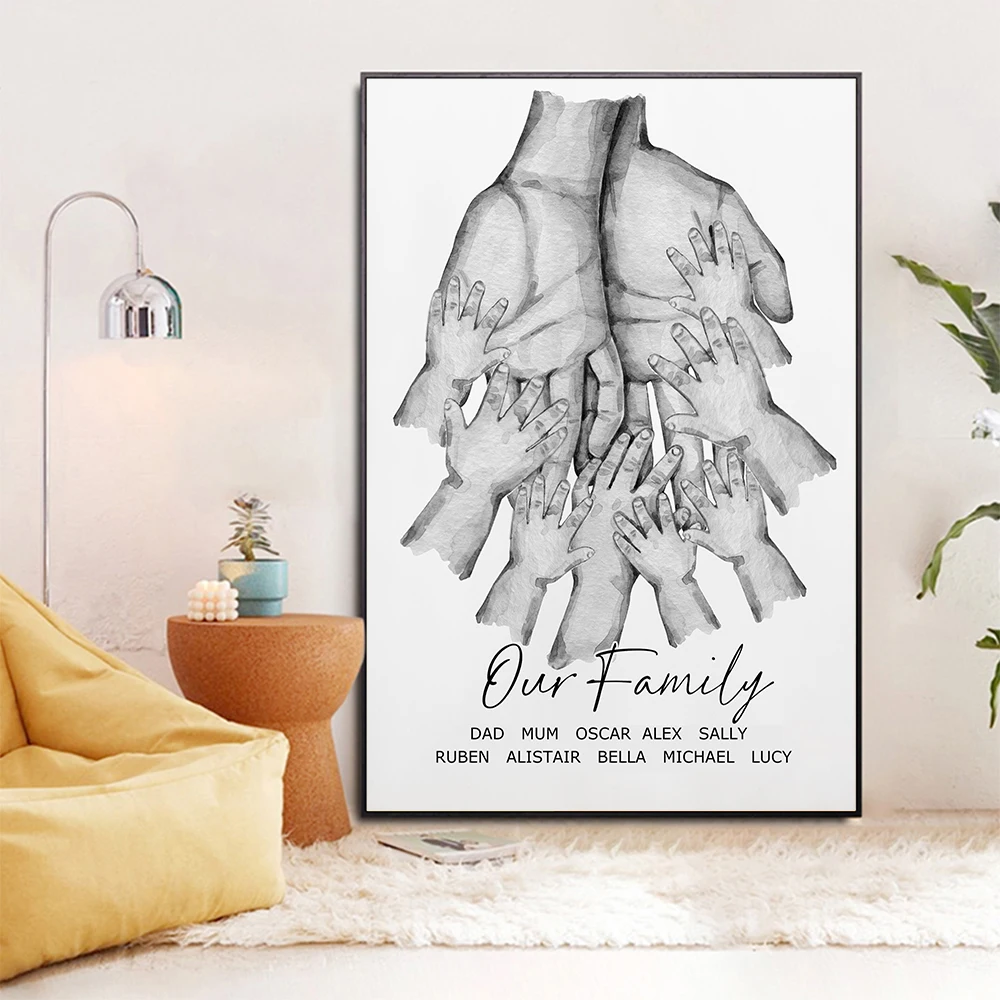 

Poster Personalized Family Black White Hands with Name Custom Canvas Painting Art Print Nordic Wall Picture Living Room Decor