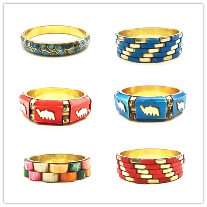 2024 Fashion BOHO Metal Brass Sets Bangle Inlaid Colorful Bone Resin Cuff Multi Desings BB-015