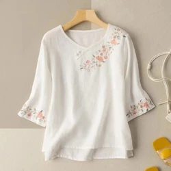 Retro Folk 2024 Spring Summer Loose Round Neck Cotton Linen Shirt Solid Color T-shirt 3/4 Sleeve Button Embroidered Women's Tops