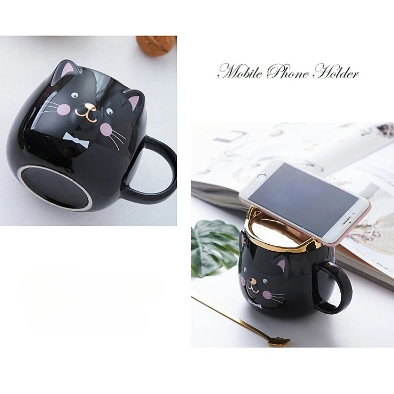 Cartoon Crown Cat Shaped Mug Cute Ceramic Mug with Lid Spoon Coffee Water Cup for Men and Women Gift Lovers Drinking Utensils view 5