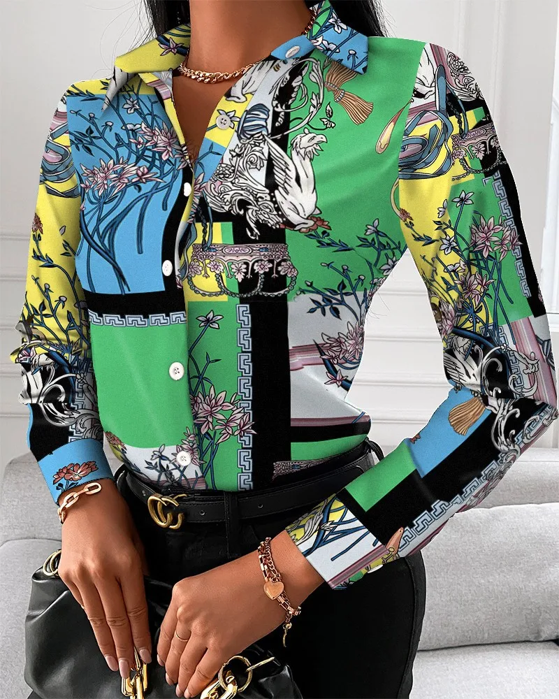 Women Fashion Wild Shirts Chain/Floral/Letter/Geometric Square Print Turn-Down Collar Long Sleeve Blouses