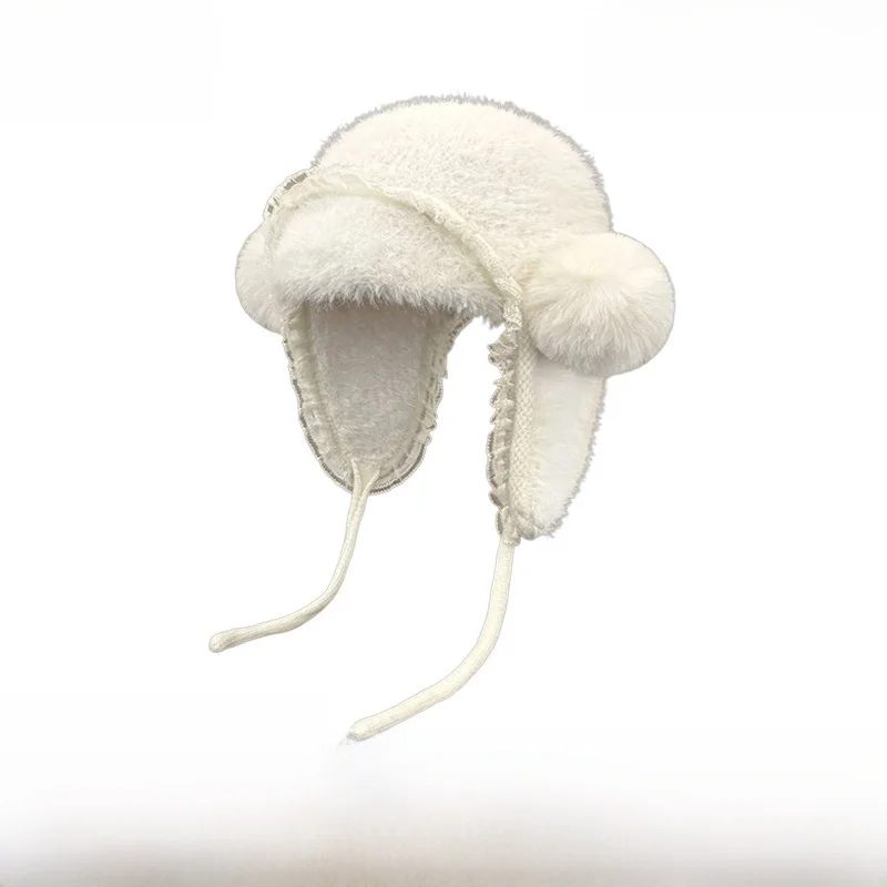 lace-trim-cute-furry-ball-ear-warmer-hat-women-winter-warm-versatile-lei-feng-cap-round-top-non-adjustable-unisex