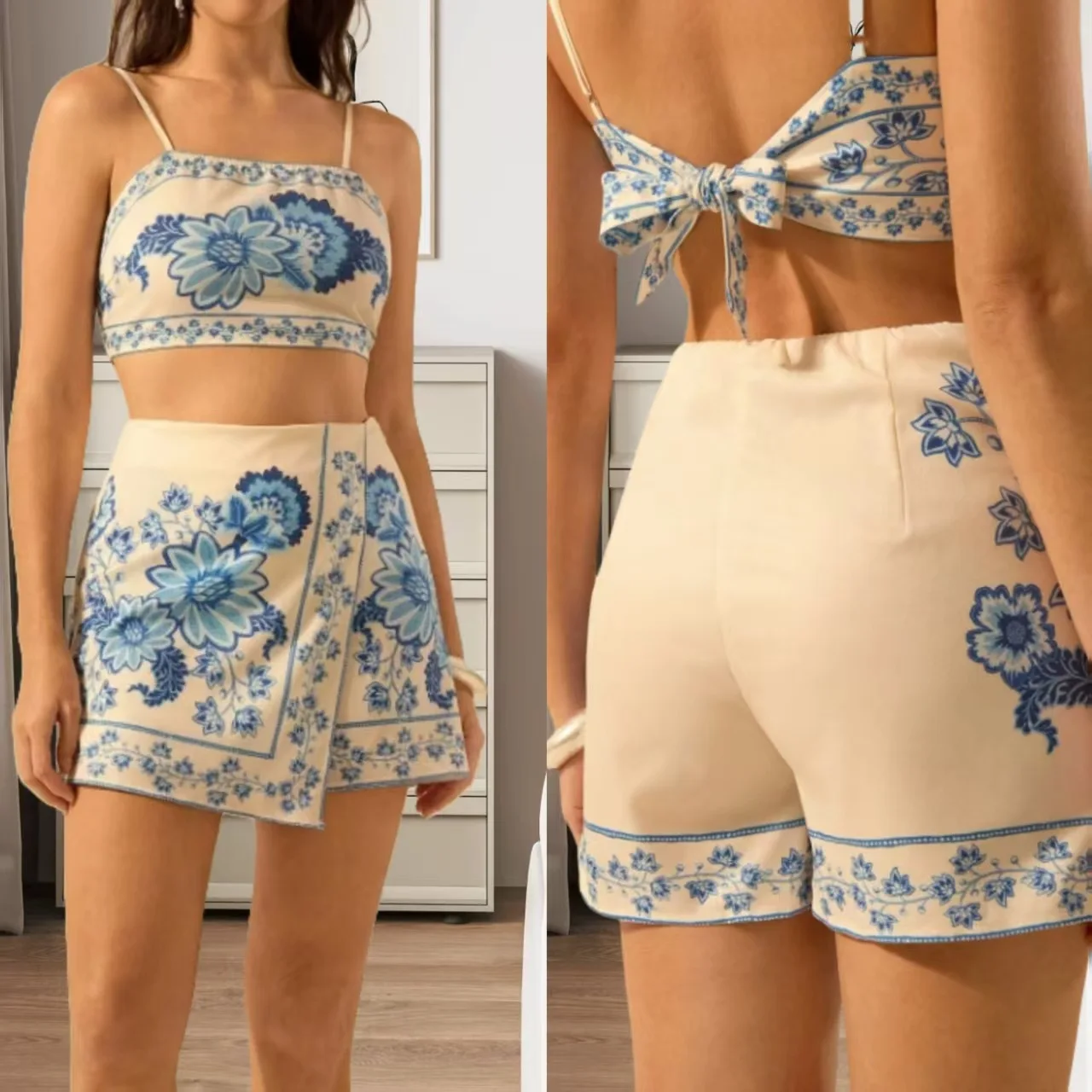 

Y2k Summer Women Shorts Set Two Piece Tank Top Top Shorts New Print Tie-Front Fashion Streetwear Beach Design Asymmetrical Sexy