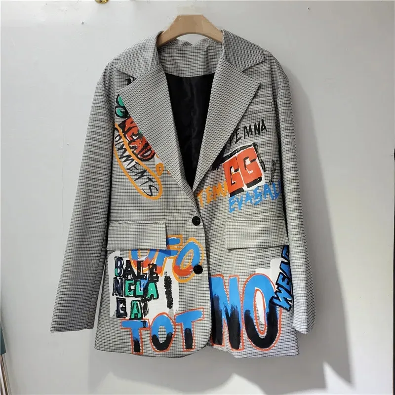 2024 Spring Casual Hand Painted Letter Graffiti Print Grey Plaid Blazers Women Notched Collar Long Sleeve Streetwear Outerwear