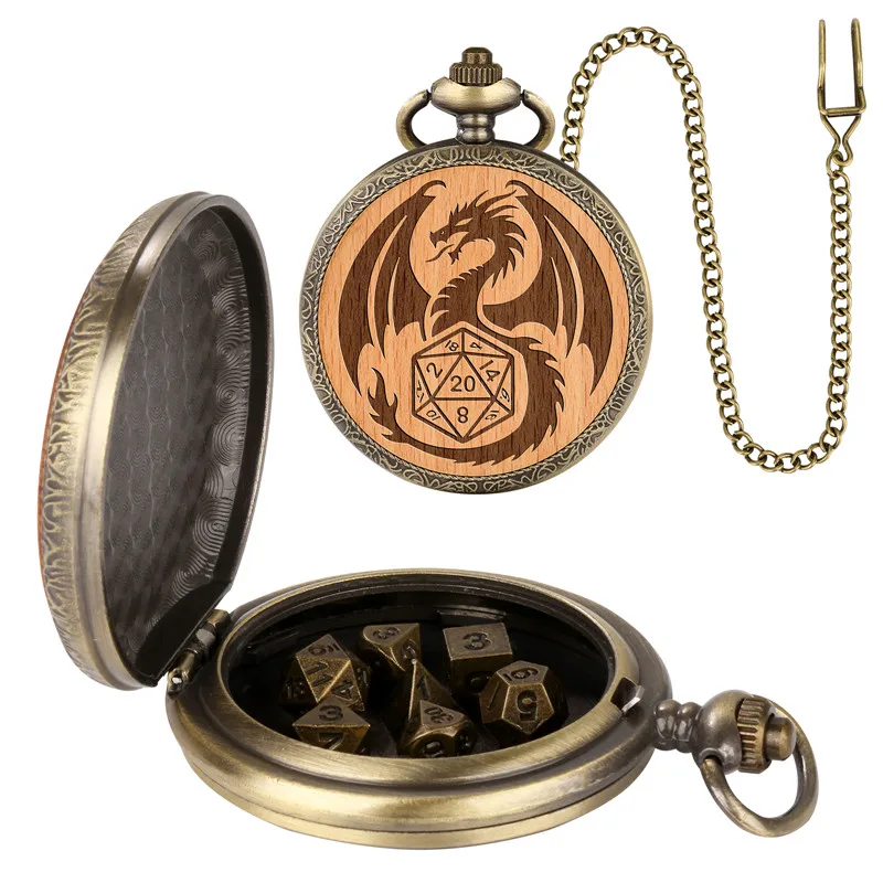 Vintage 7Pcs/set Metal Polyhedral Dices Entertainment Role Play Gaming Dice with Engraved Wood Dragon Pocket Watch Case Chain