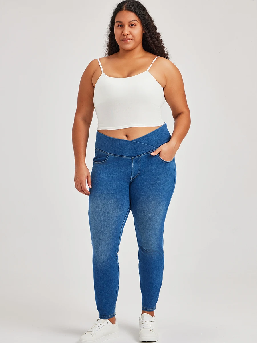 Muyafei Plus Size Cross Waist High Elastic Skinny Jeans Women High Waist Tummy Control Slim Fit Stretchy Casual Denim Pants view 2