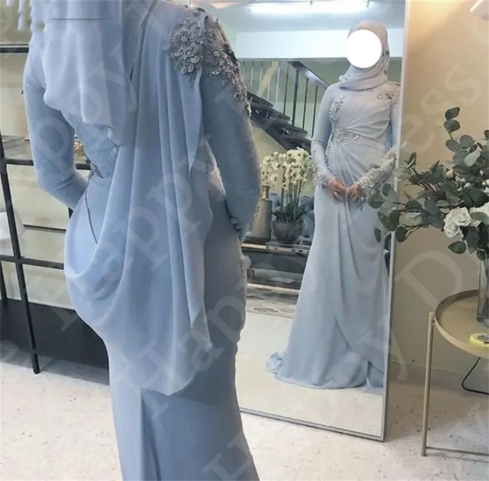 Light Blue Muslim Formal Evening dress 3D Floral Long Sleeves Mermaid Floor-Length Arabic Chiffon Wedding Party Dress Plus Size