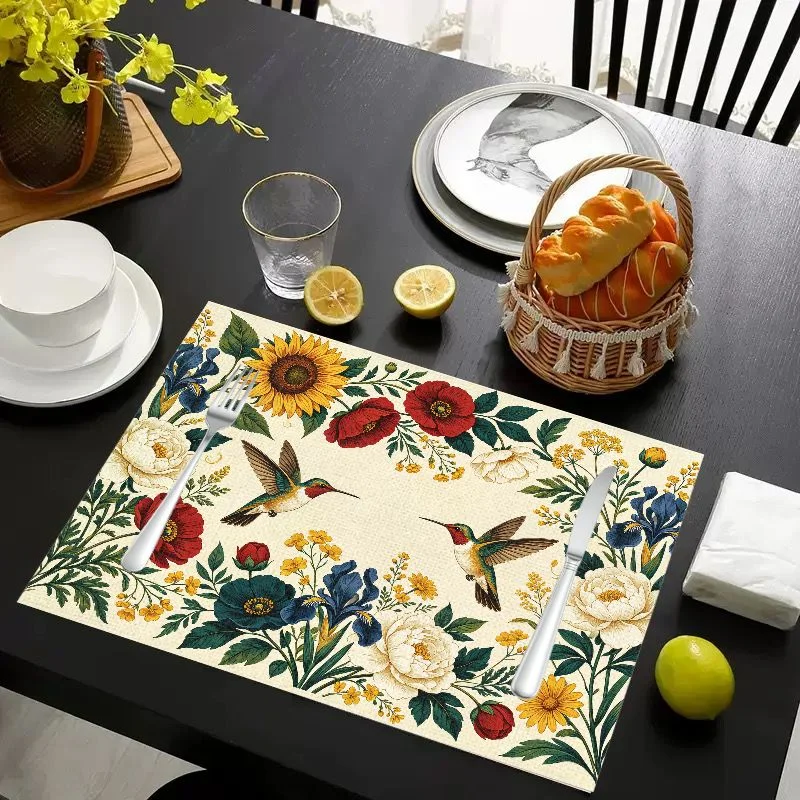 VIKAMA Placemat Vintage Green Scroll Flowers, Waterproof Oil-Proof Heat-Resistant Non-Slip Woven Dining Table Mat